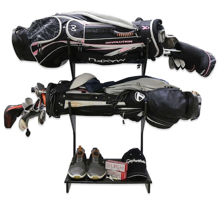 Trapski 2-Slot Golf Rack with Bottom Bracket, Fits 3 Golf Bags, Black GOLF-2-1-BLK